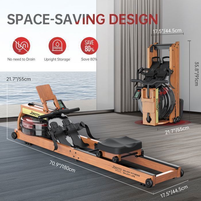 Rameur à eau pliable - JOROTO - MR280PROB - Chêne massif FSC - 6 niveaux résistance eau - Bluetooth Kinomap