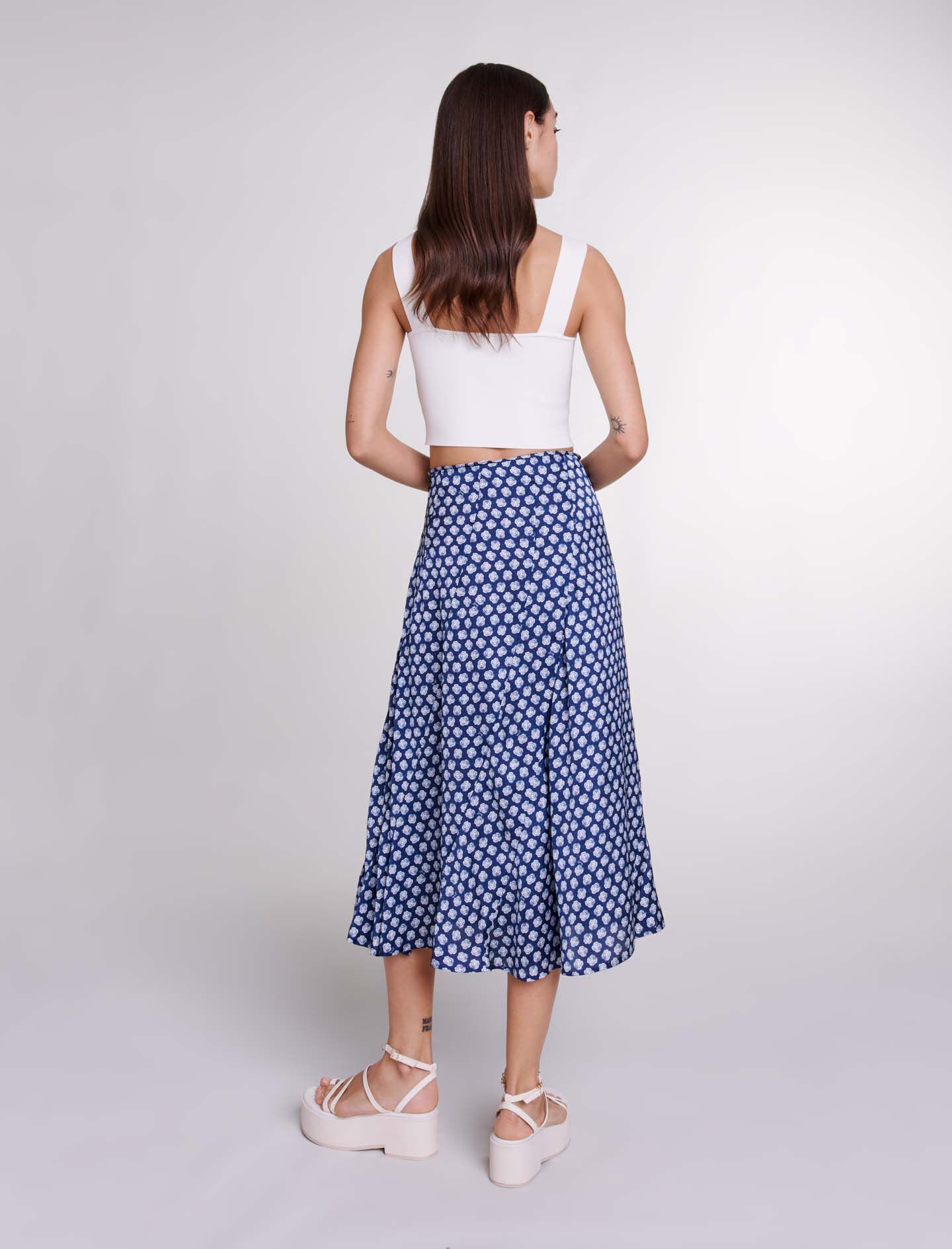 Satijnen midi-rok - Clover marine/ecru