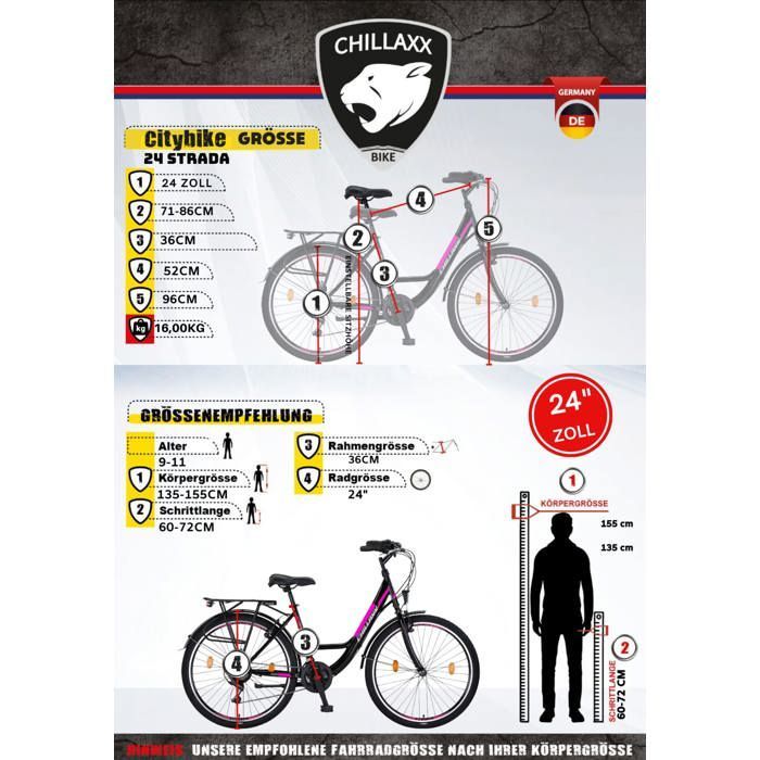 Chillaxx Strada Premium City Bike - 24 pouce, Noir-rose frein en V