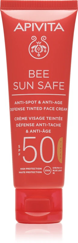 Apivita Bee Sun Safe tonēts sejas krēms pret pinnēm un novecošanos ar SPF50