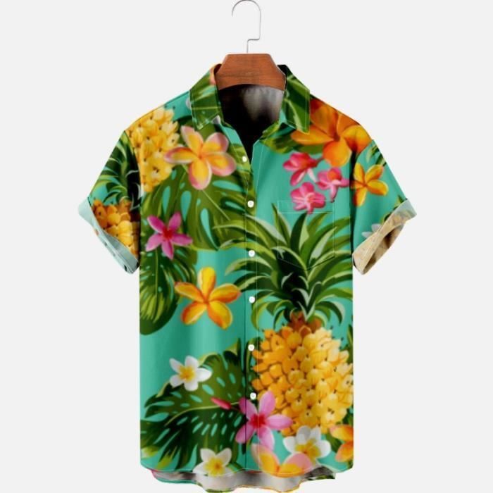 Camisa hawaiana de talla grande para hombre con estampado floral, manga corta - Verde - INSFITY
