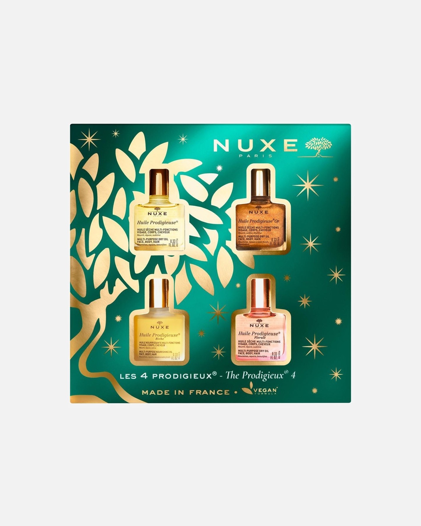 NUXE kūno priežiūros rinkinys Nuxe Prodigieux® sauso aliejaus rinkinys veidui, kūnui ir plaukams – Huile Prodigieuse® 10 ml + Huile Prodigieuse® Florale 10 ml + Huile Prodigieuse® Or 10 ml + Huile Prodigieuse® Riche 10 ml 1 vnt.