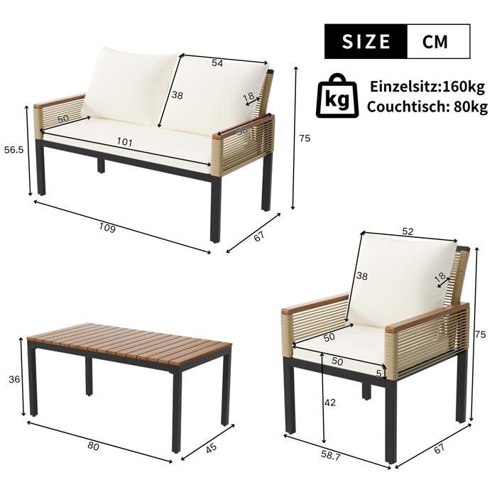 Salon de jardin en acier 4 places- 2 fauteuils et table basse - en corde tressée et bois d'acacia - Beige