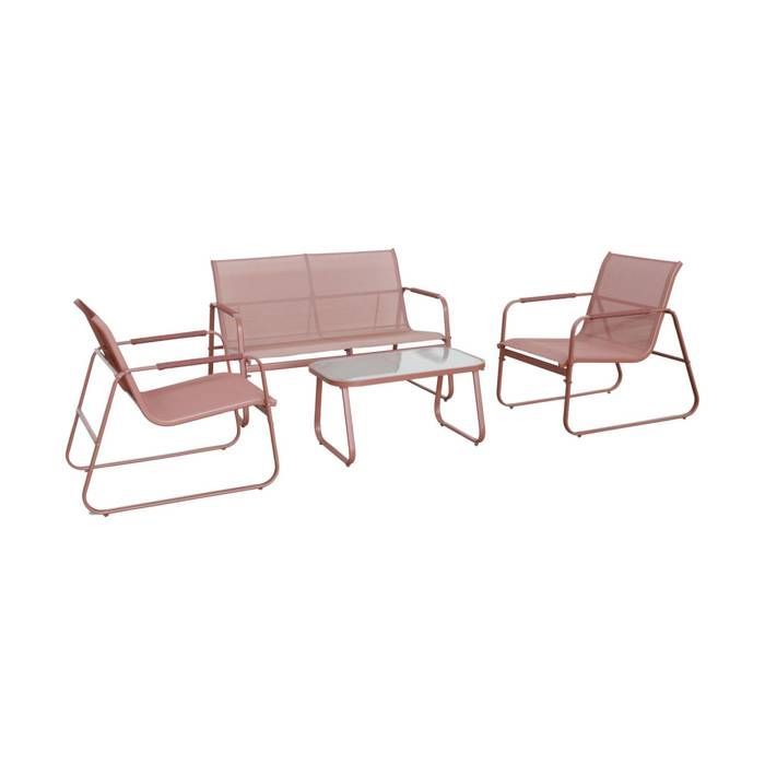 Conjunto de muebles de jardín NOTO de acero y terracota. 4 plazas. Un sofá. Una mesa. Dos sillones de textileno.