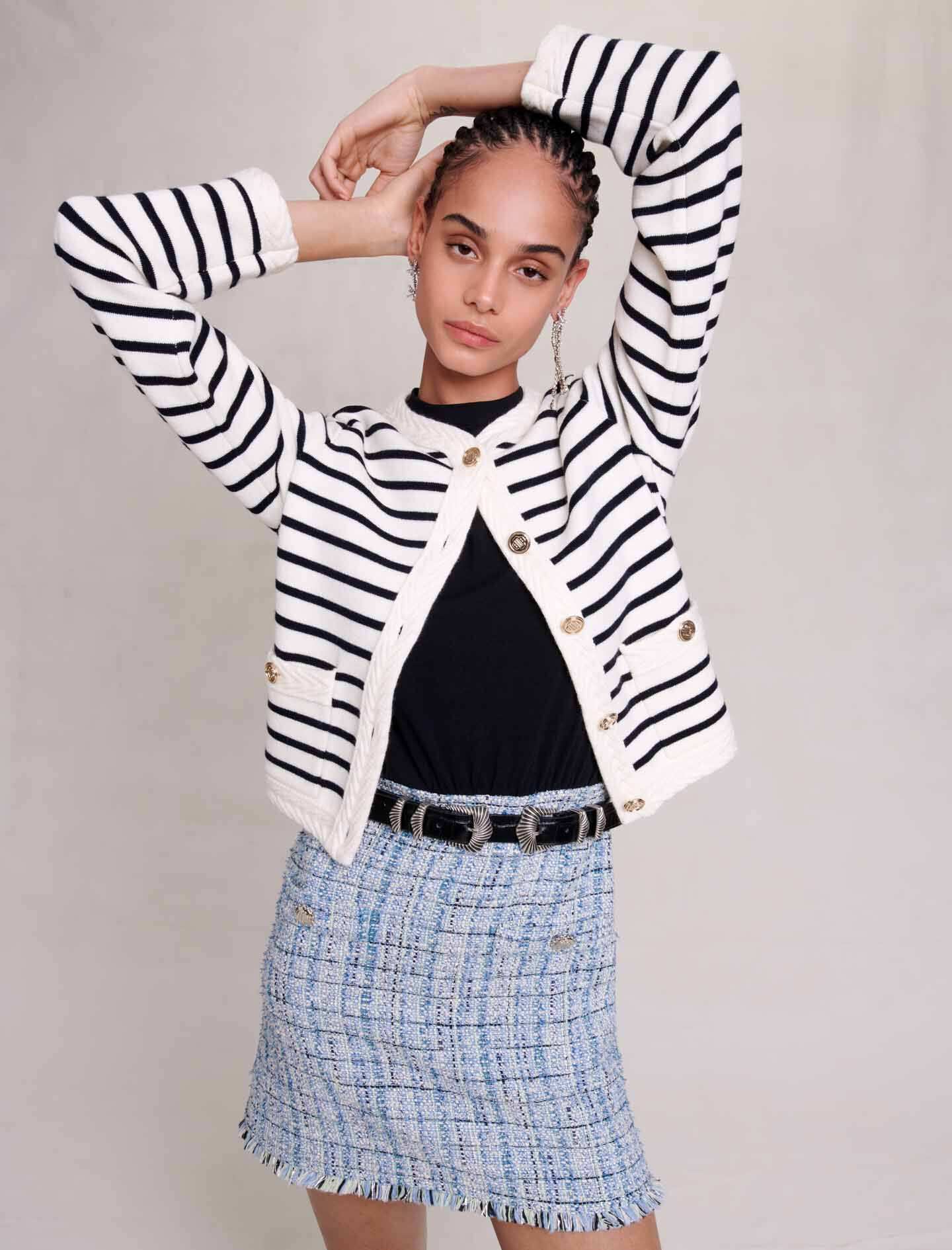 Cardigan tricotat cu dungi - Bleumarin / Ecru