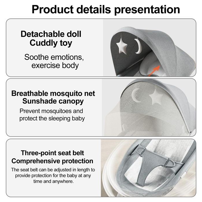 Electric Baby Swing - 5 Speeds - Electric Baby Rocking Chair with Remote Control and Mosquito Net