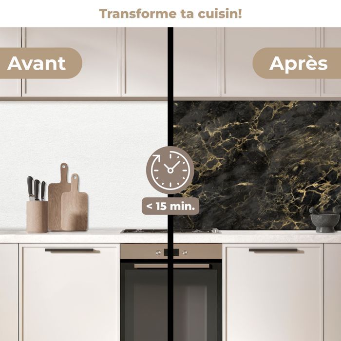 Rivestimento paraschizzi per cucina KitchenYeah, motivo marmo nero e oro.