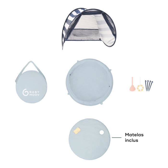 Area giochi 3 in 1 BABYMOOV Aquani a tema marinaio, con piscina e lettino extra, protezione UV SPF 50+, 2 giocattoli e zanzariera inclusi.