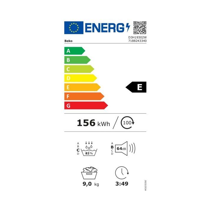 Asciugatrice a pompa di calore Beko da 60 cm e 9 kg, bianca - D3H19302W/1