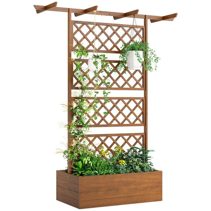 Raised Planter - Outsunny - with trellis, roof bars, drainage holes, non-woven fabric - natural wood effect