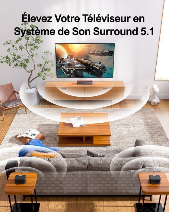 Barre de son 5.1ch ULTIMEA Poseidon D50 avec Caisson de basses + 2 enceintes, Surround virtuel et Basse Réglable, HDMI ARC, 320W
