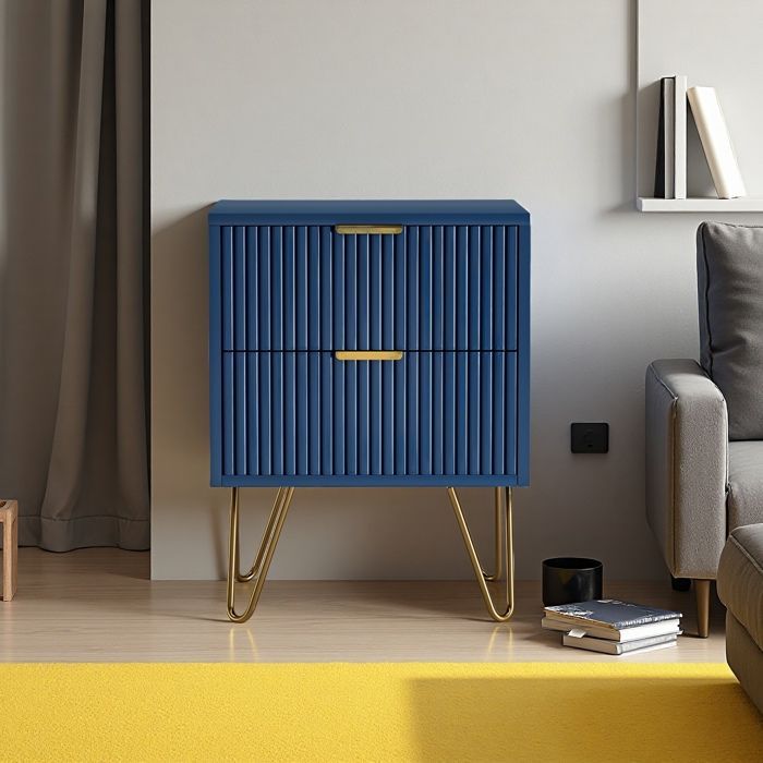 Table de Chevet & Appoint - Bleu Navy - 2 Tiroirs Modulables - Pieds Métalliques Dorés - Design Contemporain