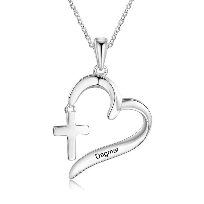 Collier pendentif cœur personnalisé avec nom et croix, gravure personnalisée, bijou pour femme, cadeau pour maman (JewelOra NE104188)