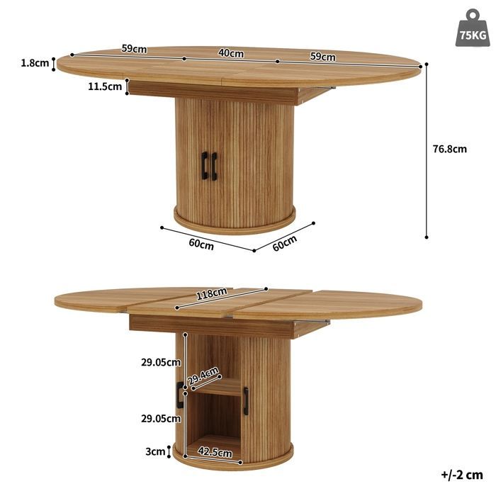 Ausziehbarer runder Esstisch 118–158 x 118 x 76 cm, 6-Personen-Esstisch mit Stauraum für Wohn-/Esszimmer – Walnuss