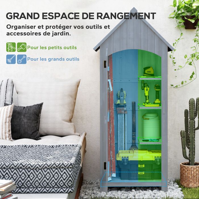 Armoire de jardin en bois - Outsunny - Abri de jardin Armoire à outils Cabane en bois Toit bitumé - Gris - 77,5 x 54,2 x 179,5 cm