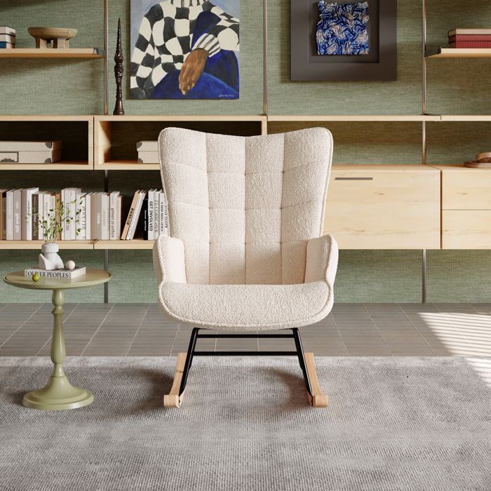 Schommelstoel, houten schommelstoel voor buiten met rugleuning, voedingsstoel, teddyfluweel, beige