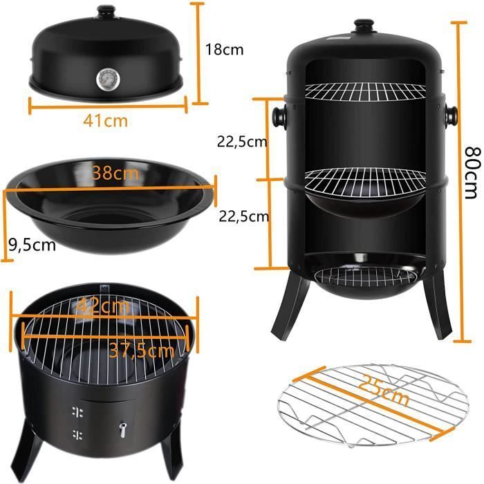 3 en 1 Barbecue Fumoir Smoker, Charbon de Bois, Multifonctions BBQ Grill à Charbon, Combo Fumoir & Barbecue Séparable[214]