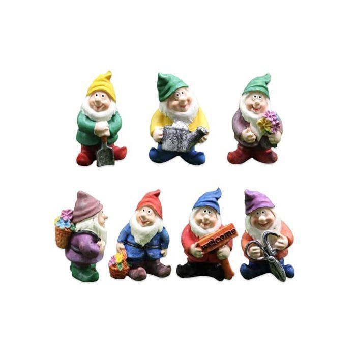 Set di 7 gnomi da giardino, statuette di gnomi fatati in miniatura, simpatici ornamenti a forma di gnomo per la decorazione di tavoli e giardini.