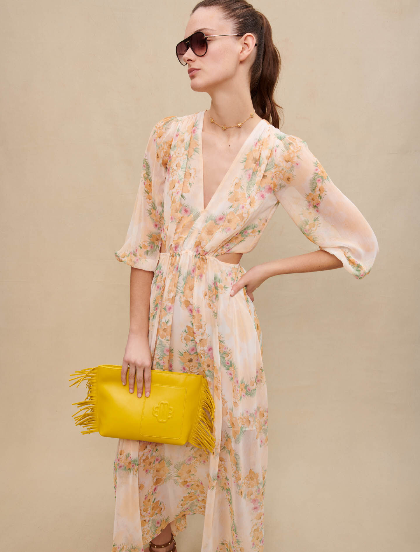 Rochie lungă cu imprimeu ajurat - Hibiscus galben/verde