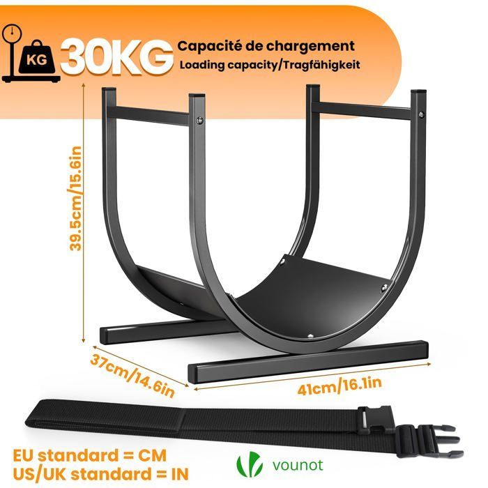 VOUNOT® Range bûche avec sangle de sécurité 41x37x39,5cm - Porte bûche en métal pour chéminée - Support à bois noir