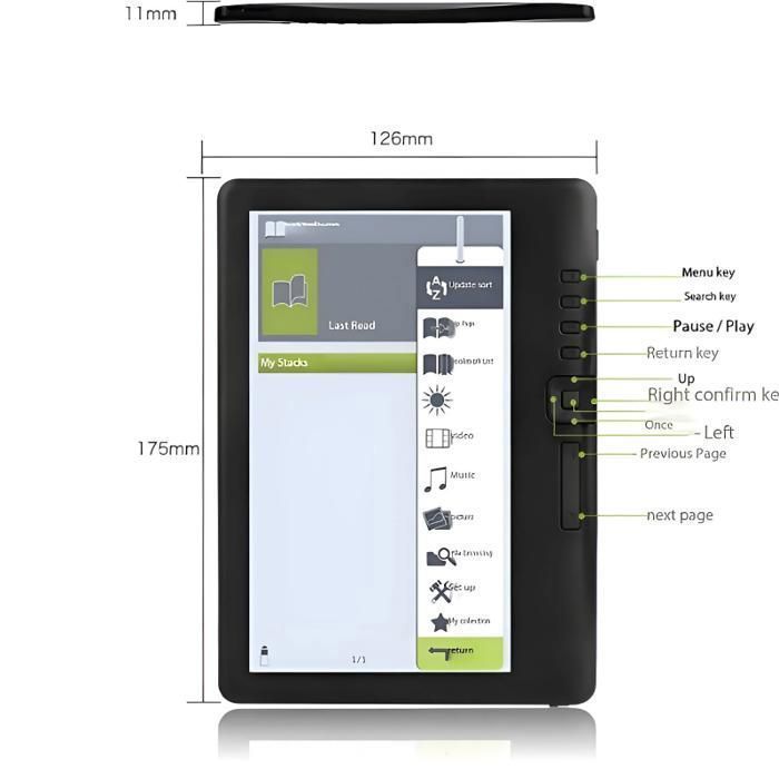 Liseuse électronique 7 pouces, 512 Mo de RAM + 8 Go de stockage, portable, applications multimédia, batterie 2500 mAh, noir