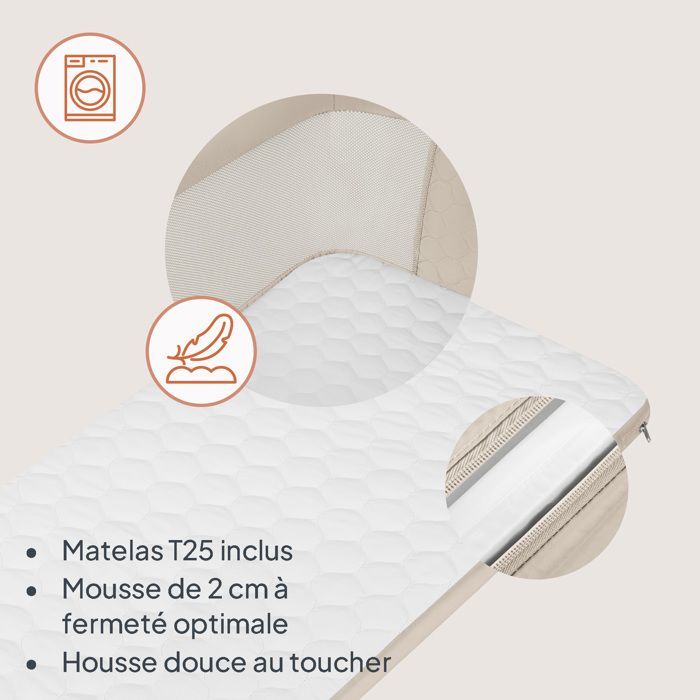 Lit bébé cododo 3en1 LIONELO Jodie - Berceau - Réglable en hauteur et inclinaison - Matelas haute densité - Beige