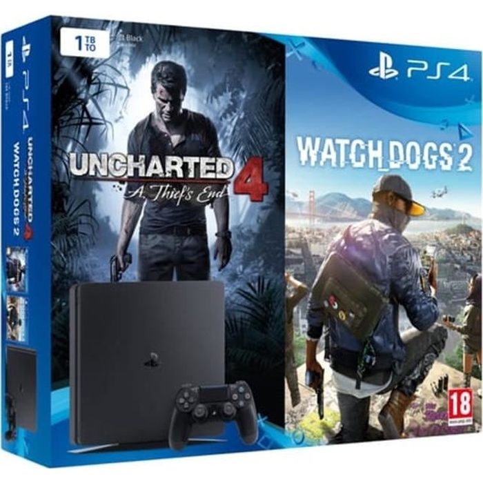 Nouvelle PS4 Slim 1 To + 2 Jeux : Uncharted 4 : A Thief's End + Watch Dogs 2