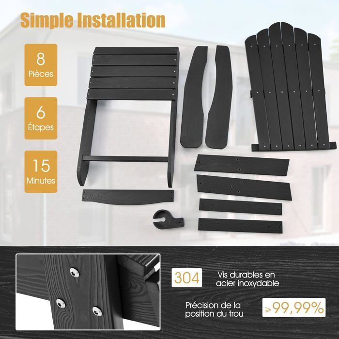 Silla de jardín Adirondack COSTWAY de madera maciza HIPS impermeable con portavasos, capacidad de carga de 170 kg para patio o piscina, color negro.