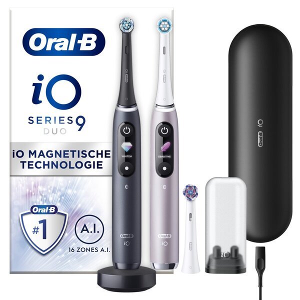 „Oral-B iO Series 9 Duo“ elektriniai dantų šepetėliai, juodi, rožiniai, 2 vnt.