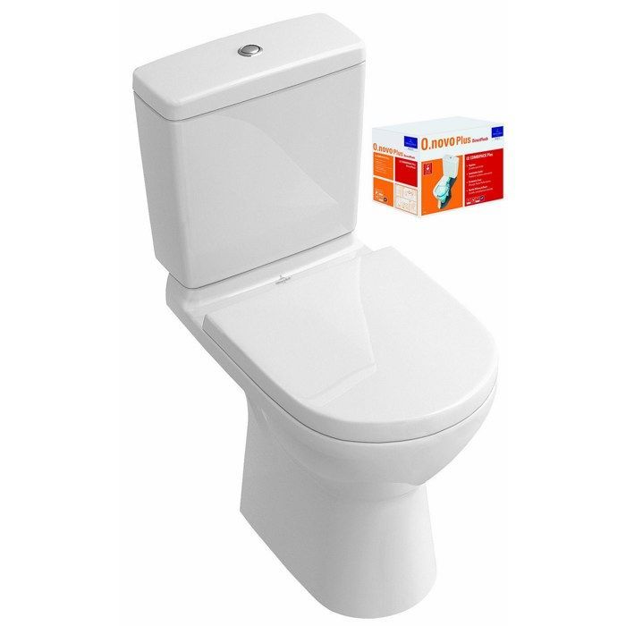 VILLEROY & BOCH - Kit WC a pavimento senza brida O.novo - scarico orizzontale e sedile con chiusura ammortizzata e sgancio rapido - Ceramica