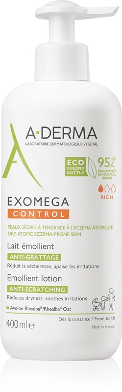 A-Derma Exomega Control minkštinamasis losjonas, kūno pienelis nuo odos sudirginimo ir niežėjimo