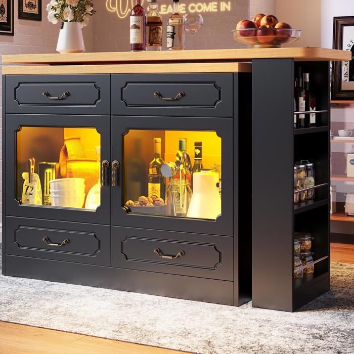 Isla de cocina retráctil con iluminación LED, mesa de comedor giratoria 360°, 4 cajones y estante para aperitivos - Negro