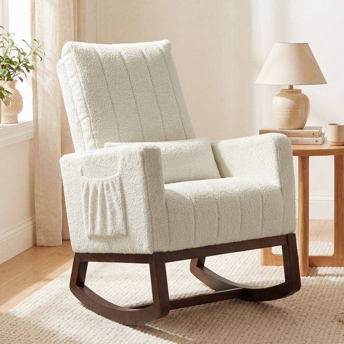 Fauteuil à bascule - HOMCOM - coussin lombaire, dossier haut, poches latérales - flanelle neige - 67 x 97 x 110 cm - crème
