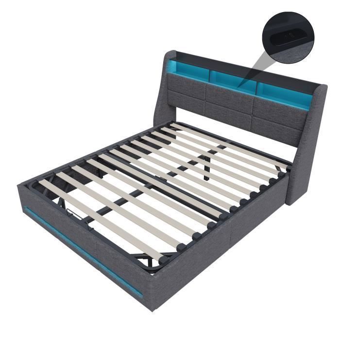 Letto 140x190 cm - PERGAR - Letto imbottito - Contenitore integrato - LED - USB