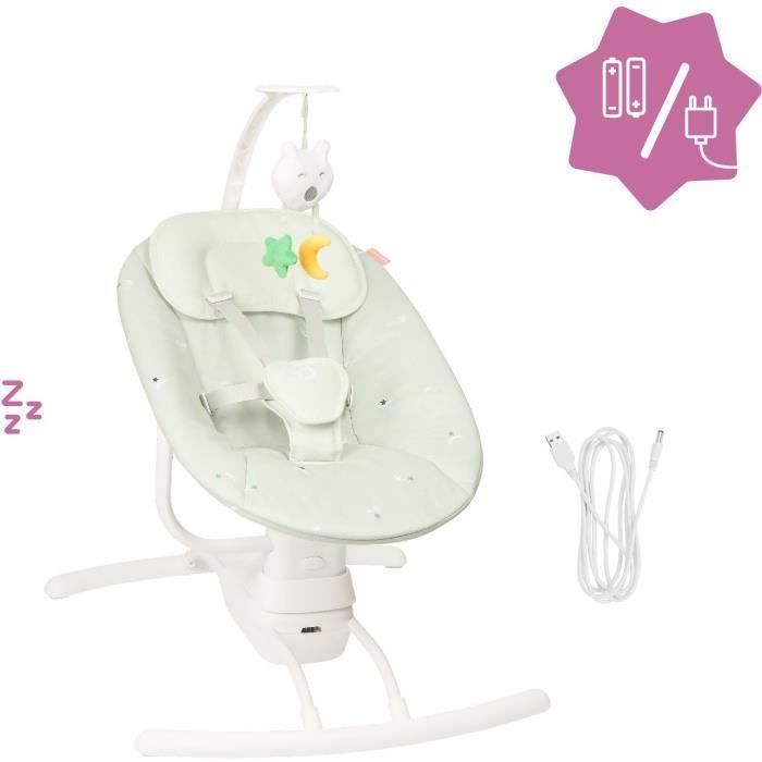 Columpio eléctrico para bebés Badabulle - Reclinación lateral - 3 velocidades de balanceo - 8 nanas - Barra de juguetes - Garantía de por vida, Lichen