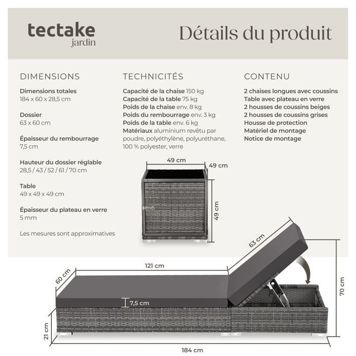 Tumbona - TECTAKE - Juego de 2 tumbonas RIVAGE con mesa, estilo contemporáneo, en aluminio y ratán 184 x 60 x 21 cm - Gris
