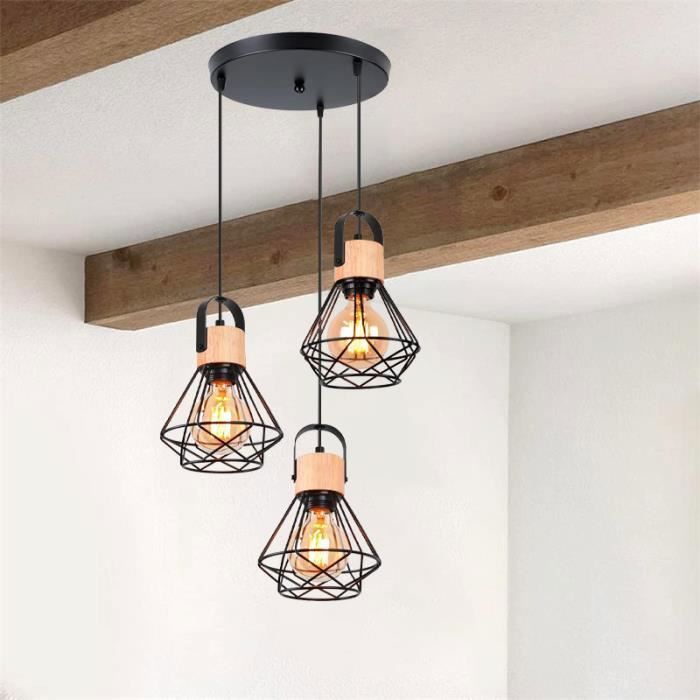 IDEGU 3 Industriële hanglampen, 16 cm vintage ijzeren en houten retro kooiontwerp zwarte kroonluchter voor de woonkamer