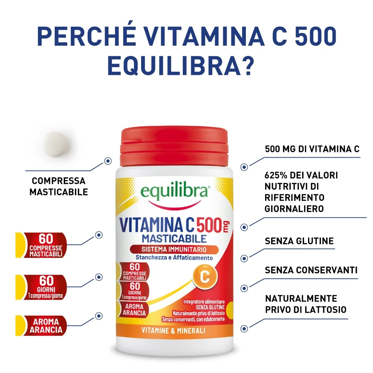 EQUILIBRA Equilibra C-vitamiin 500 mg 60 närimistabletti Immuunsüsteemi toidulisand