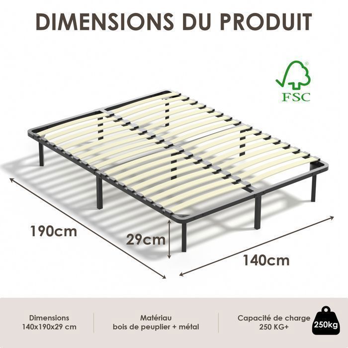 TUNCCO Lattenrost 140 x 190 cm mit 9 Beinen, 2 x 16 Latten, Lattenrost für Erwachsene – Bodenfreiheit unter dem Bett: 29 cm