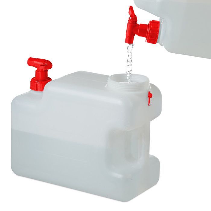 Tanica per acqua Relaxdays con rubinetto, coperchio a vite, borraccia da campeggio, 12 L, senza BPA, bianco-rosso