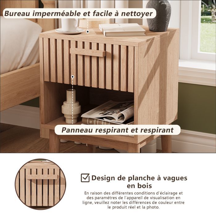 Lot de 2 Tables de Chevet,Table de Chevet avec Tiroirs,Meuble de Chevet,Chevet de Lit avec Pieds de table en bois,Couleur du bois