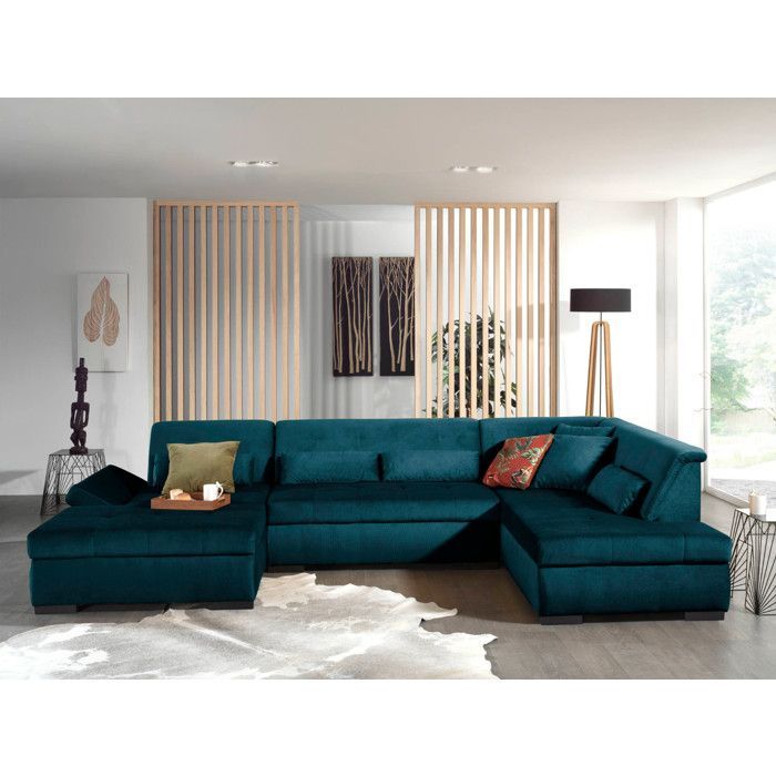 Vermont - Sofá panorámico de esquina derecha - 7 plazas - XXL - en terciopelo - Azul pato