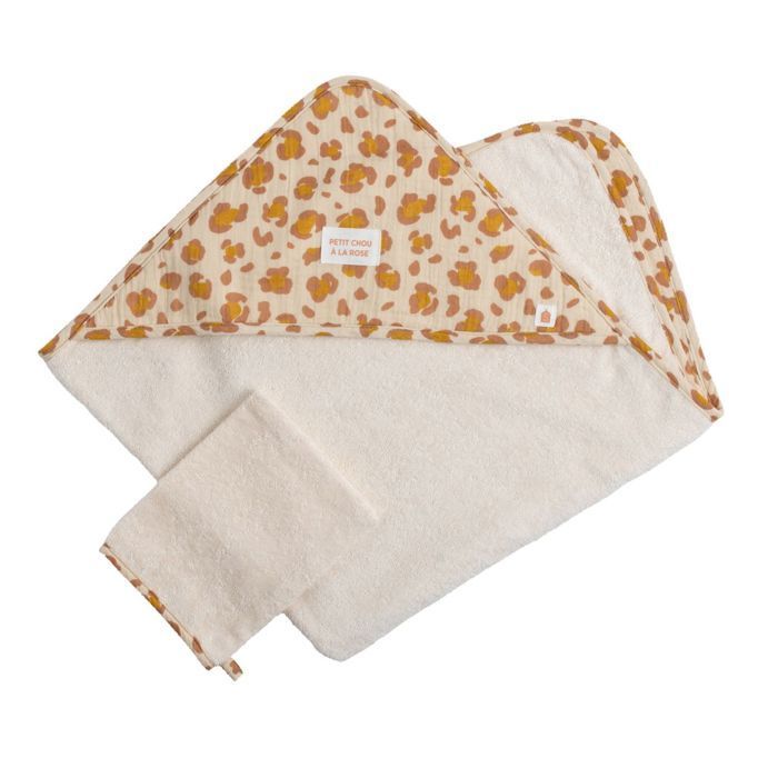 Capa de baño para bebé de gasa de algodón y manopla con estampado de leopardo - PETIT CHOU