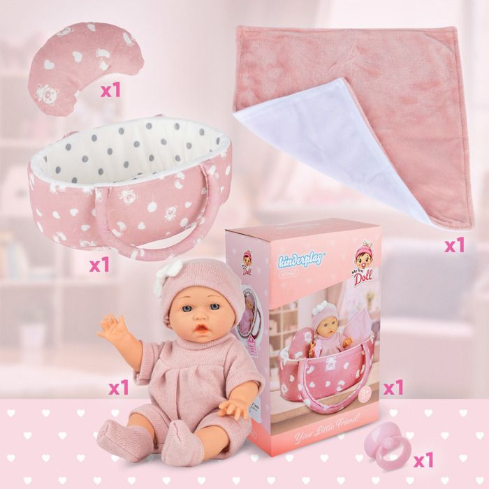 Muñeca bebé de 30 cm con portabebés, almohada, manta y chupete – Kinderplay (KP0662)