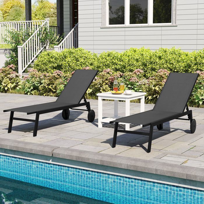 COSTWAY Lot de 2 Bain de Soleil avec Roulettes, Dossier Réglable en 6 Positions, Textilène pour Piscine, Terrasse et Jardin Gris