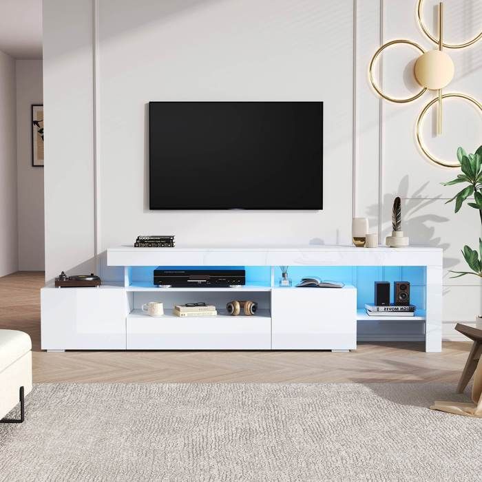 Meuble TV blanc brillant 192 x 37 x 53 cm avec LED, 3 portes et étagères — pour TV jusqu'à 85 pouces