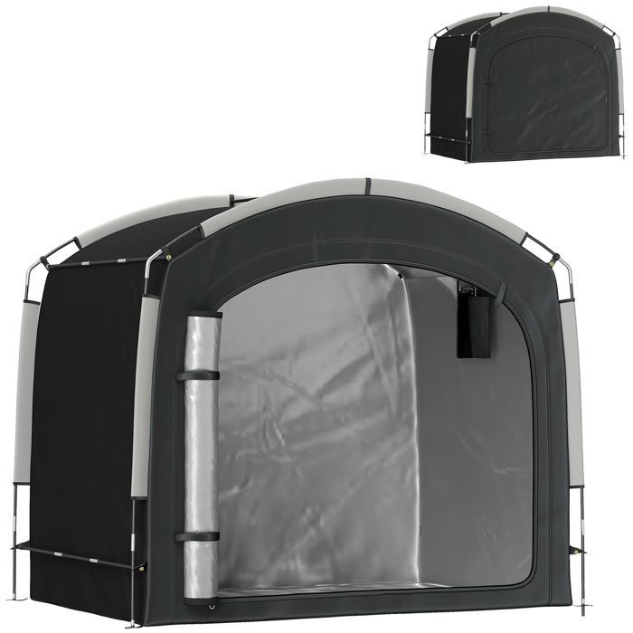 Tenda portatile per biciclette Outsunny, per 3-4 biciclette, con 2 tasche laterali, 220 x 150 x 195 cm, nera.