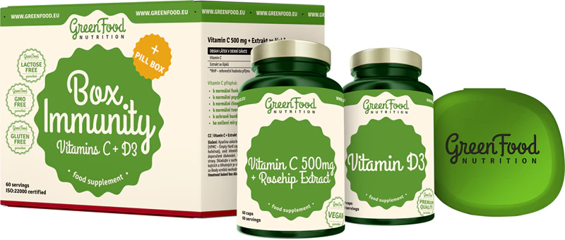 Kit de suplementos alimentares GreenFood Nutrition Immunity Box para fortalecer o sistema imunológico.