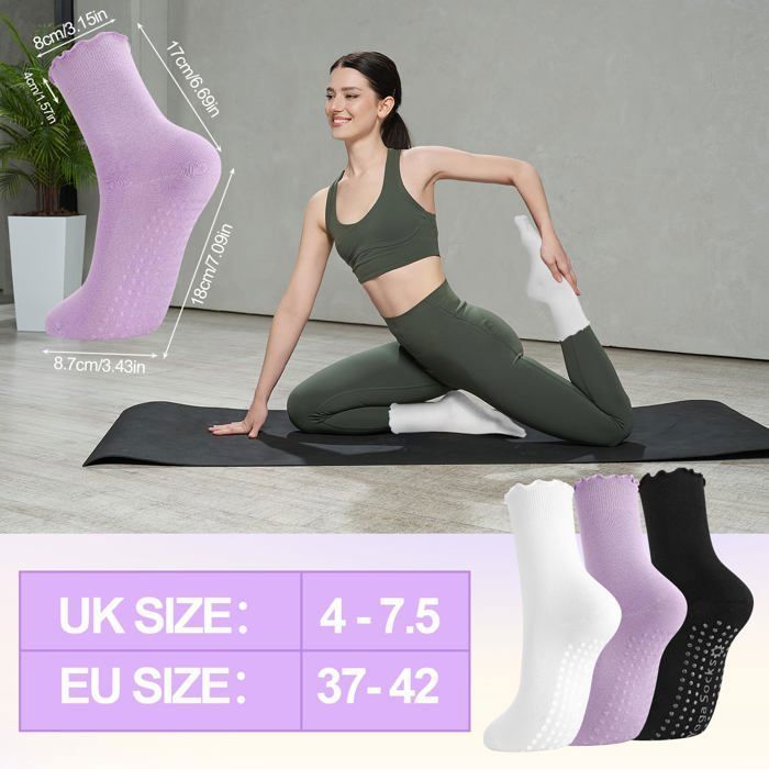 Chaussettes Pilates Reformer femme - 3 paires, antidérapantes - Convient pour trampoline, maison, hôpital