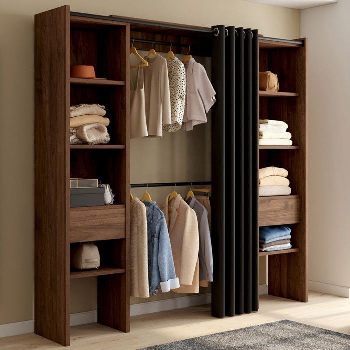 IDMARKET MERYL Uitschuifbare dubbele kledingkast 120/180 x 50 x 180 cm Walnoot met planken + dubbele kledingroede + zwart gordijn